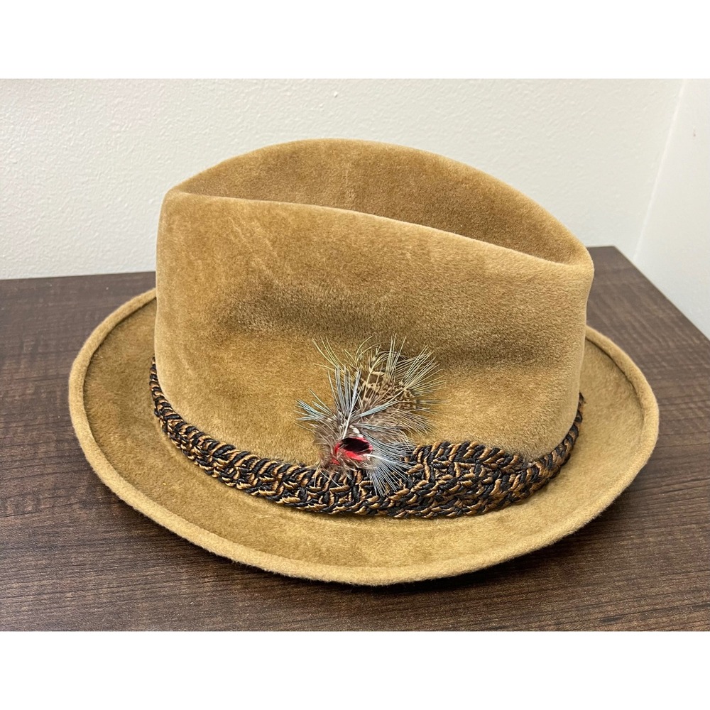 Vintage Stetson The Sovereign Tan Fur Felt Fedora Hat Size 7 1/4 Feather Band